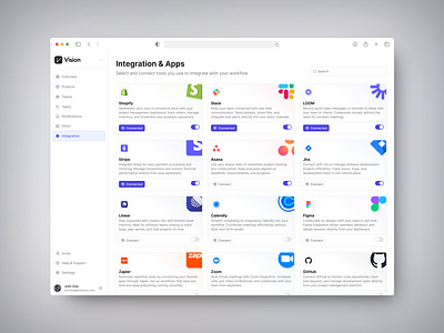 Integration - VisionUI apps connect dashboard design integration light mode ui ui design uiux uiux design ux design