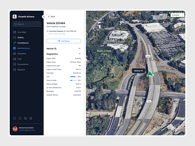 Growth Maintenance - Dashboard automated coaching coaching tips compliance compliant operations dashboard dispatch documents fuel hard braking live map maintenance safety safety scores safety ui