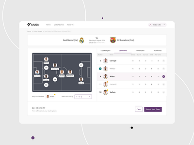 Football Lineup Selector Ui Design clean ui design football graphic design interactive design laliga lineup selection minimal design soccer sports ui team selection ui user interface ux uxui web app web design