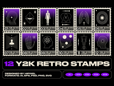 Y2K Retro Stamps 90s abstract card cyberpunk delivery elements futuristic head modern retro stamp stamps star wireframe y2k