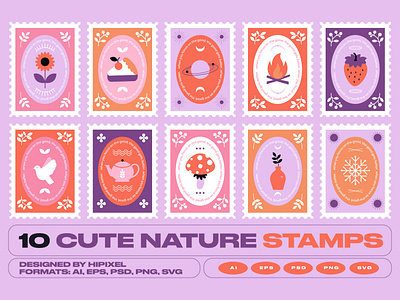 Cute Nature Stamps bird cake card cute fire flower greetingcard mail mushroom nature planet pot snow stamp strawberry