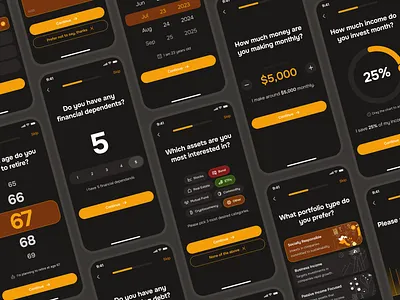 midasmind: AI Investing Roboadvisor App - Financial Assessment assessment ui clean dark mode finance assessment finance onboarding finance ui kit financial assessment investing app investing ui kit investment app minimal modern onboarding onboarding ui orange robo advisor app roboadvisor app simple soft yellow