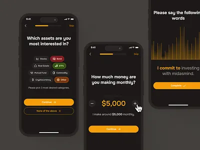 midasmind: AI Investing Roboadvisor App - Financial Assessment ai finance app ai investing app assessment assessment ui clean dark mode figma ui kit finance app finance assessment financial assessment investing app investing ui kit investment app minimal orange robo advisor app roboadvisor app simple smart investing yellow