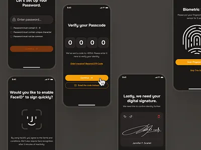 midasmind: AI Investing Roboadvisor App - Security Setup Flow UI ai investing app biometric ui clean dark mode faceid ui finance app finance ui kit fintech app investing app investing ui kit investment app minimal orange passcode ui roboadvisor app security ui simple soft stock investing ap yellow