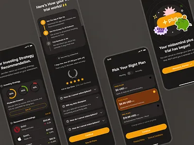 midasmind: AI Investing Roboadvisor App - User Onboarding UIUX ai roboadvisor app clean figma ui kit finance ui kit free trial ui investing app investing ui kit investment app minimal modern onboarding onboarding ui orange pricing plan ui robo advisor app roboadvisor app simple soft user onboarding yellow