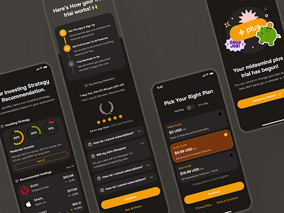 midasmind: AI Investing Roboadvisor App - User Onboarding UIUX ai roboadvisor app clean figma ui kit finance ui kit free trial ui investing app investing ui kit investment app minimal modern onboarding onboarding ui orange pricing plan ui robo advisor app roboadvisor app simple soft user onboarding yellow