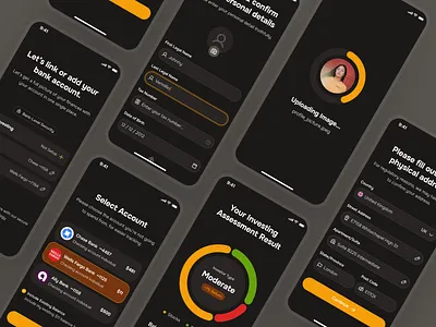 midasmind: AI Investing Roboadvisor App - Profile Setup Flow UI account setup clean dark mode figma ui kit investing app investing ui kit investment app minimal modern onboarding onboarding ui orange profile setup risk assessment robo advisor app roboadvisor app simple soft user onboarding yellow