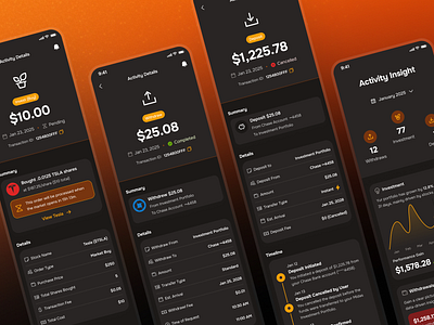 midasmind: AI Investing Roboadvisor App - Activity Transaction activity ui clean dark mode finance app gradient investing app investment app latest transaction minimal orange recent transaction robo advisor app roboadvisor app simple soft transaction app transaction detail transaction ui transfer ui yellow