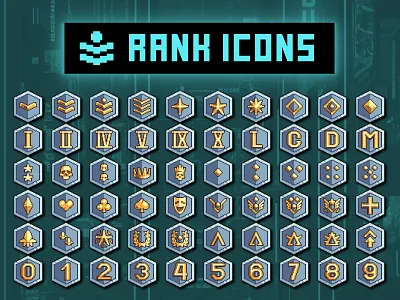 The Cyberpunk 32×32 Pixel Rank Icons 2d 32x32 art asset assets cyberpunk game game assets gamedev icon icons illustration indie indie game pixel pixelart pixelated rank ranks set