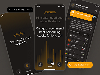 midasmind: AI Investing Roboadvisor App - Smart Voice Assistant ai chatbot app ai roboadvisor app ai voice assistant clean dark mode finance assistant app finance chatbot finance companion app investing app investing ui kit minimal modern orange robo advisor app roboadvisor app simple soft voice assistant voice assistant ui yellow