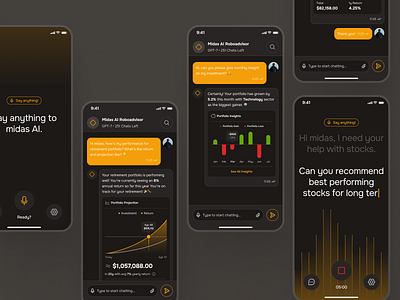 midasmind: AI Investing Roboadvisor App - Finance Companion UI ai chatbot app ai finance app chat bubble chatbot ui clean dark mode finance assistant finance companion finance ui kit investing app investing ui kit investment app minimal modern orange robo advisor app roboadvisor app simple voice assistant yellow