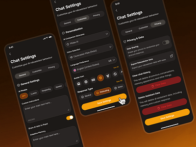 midasmind: AI Investing Roboadvisor App - AI Chatbot Settings UI ai chatbot app chat settings chatbot setting clean dark mode finance assistant app finance chatbot finance companion app gradient minimal modern orange robo advisor app roboadvisor app setting setting ui settings settings ui simple yellow
