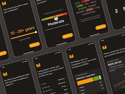 midasmind: AI Investing Roboadvisor App - Portfolio Onboarding clean dark mode finance app finance ui kit investing app investing portfolio investing ui kit investment app investment portfolio investment ui minimal modern onboarding orange portfolio app portfolio ui risk assessment roboadvisor app soft yellow