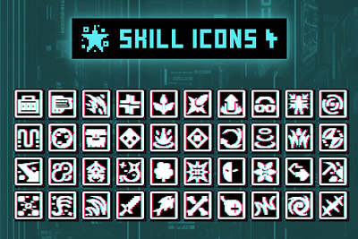 Skill Icons for Pixel Art Cyberpunk Platformer 2d 32x32 art asset assets cyberpunk game game assets gamedev icon icons illustration indie game pixel pixelart pixelated set skill skills ui