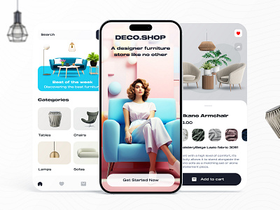 Deco.shop - Furniture Mobile app ai app ar cart checkout design detail favourite furniture layout online hsopping ui ux vr