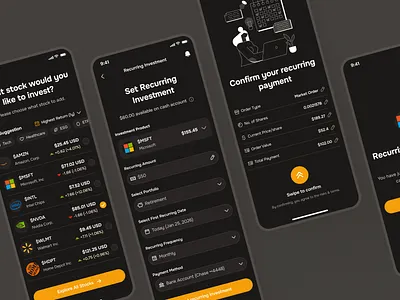 midasmind: AI Investing Roboadvisor App - Recurring Investment ai finance app clean dark mode finance companion finance ui kit investing app investing ui kit investment app minimal modern orange robo advisor app roboadvisor app soft stock exploration stock market stock market app stock market exploration stock market ui stock trading app