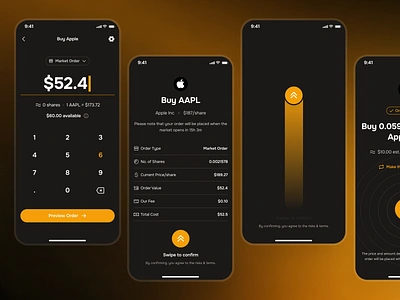 midasmind: AI Investing Roboadvisor App - Stock Purchase Flow UI clean dark mode finance ui kit gradint investing app investing ui kit investment app minimal modern numpad ui orange simple soft stock confirmation stock details ui stock market app stock purchase swipe to confirm swipe up ui yellow