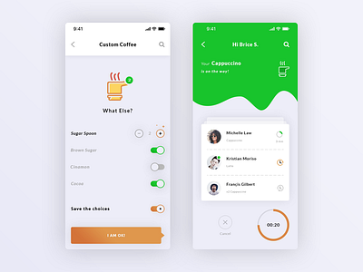 Coffee App app application android ios brand branding brown sugar cappuccino cinamon cooa custom coffee graphic design icons print designer illustration illustrator ai order detail photoshop psd senior designer sugar spoon switch button typo typography ui ux users customers