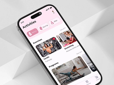 Fitness App Design Concept | StrongMom animation coach fitness fitness application gym health healthcare home page mobile app mom app motherhood motion online fitness app online training pink pregnancy pregnant sport video training workout
