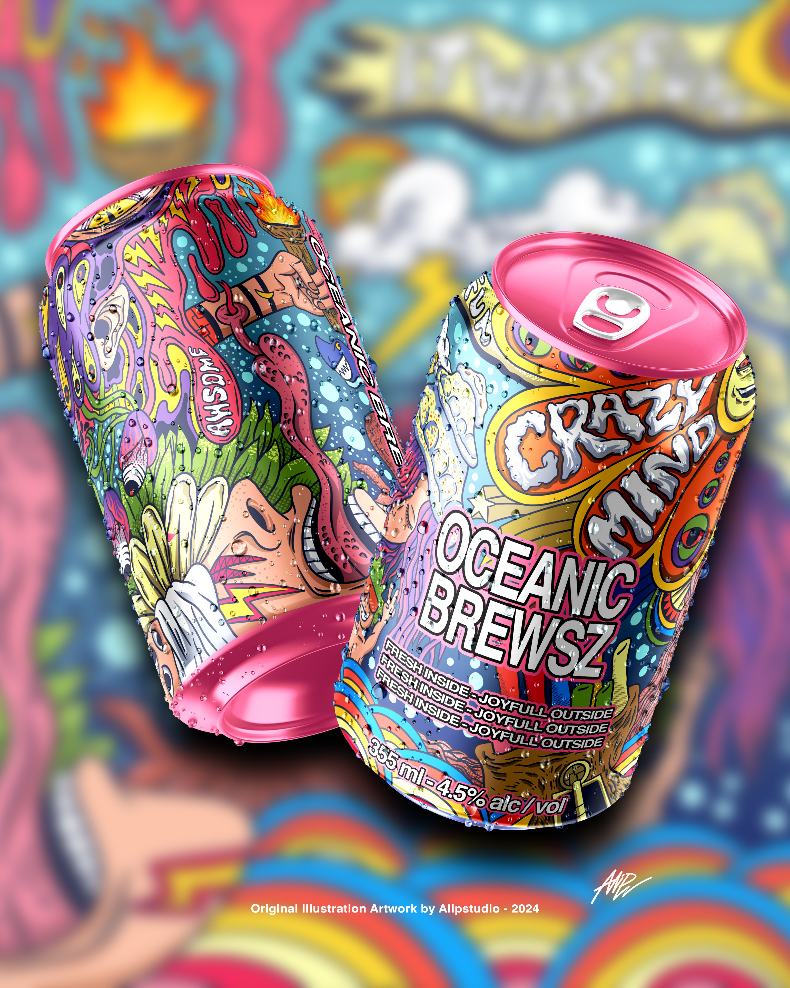 Illustration for Oceanic Brewsz Beer Can 3d alipstudio beer beer can beer label beer packaging branding design doodle doodle art doodles drinks graphic design illustration product design product illustration products soda soda can soft drink