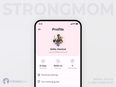 Fitness & Workout App User Profile | StrongMom account settings coach fitness fitness application gym health logo mobile app mom app motherhood online fitness app pregnancy pregnant sport uiux user profile users photo video training woman workout