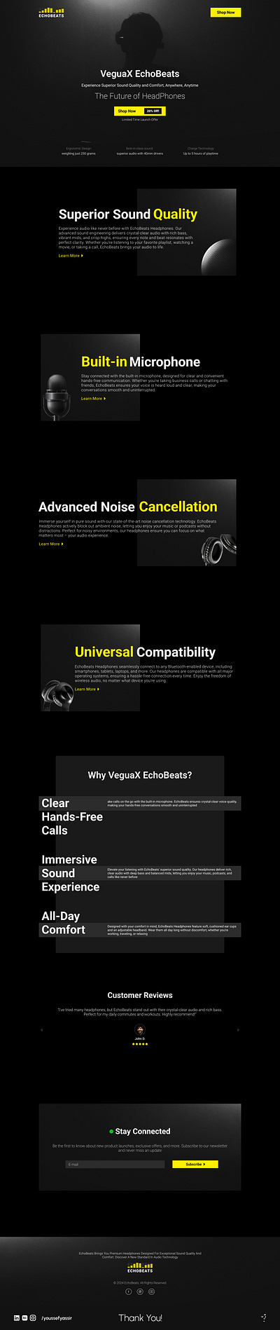 Veguax EchoBeats - Modern Product Landing Page for Headphones clean ui dark theme ui e commerce design interactive design landing page minimalist design product showcase responsive design tech product page user centric design uxui design web design wireframe to prototype