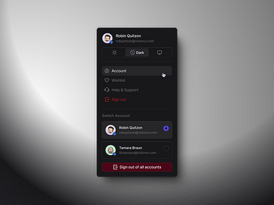 User Account • Dark Mode • VisionUI app dark mode design dropdown switch account ui ui design uiux uiux design user user account user dropdown ux design