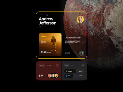 Engineer's profile concept account astronaut card clean dashboard electronics nasa network planet product profile space technology ui ux web widget