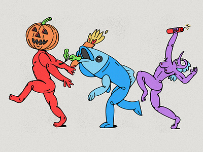 Follow the Leader character design crazy dance fish halloween pumpkin ritual woman