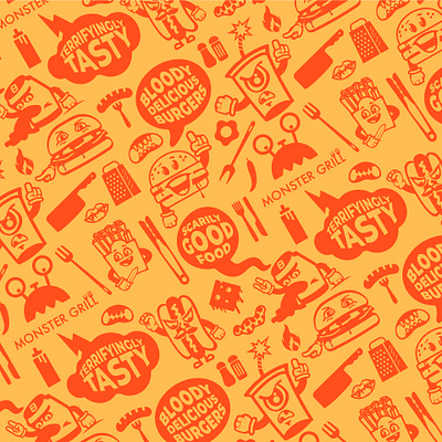 Monster Grill Continuous Pattern branding characters continuous food food truck illustration monsters pattern