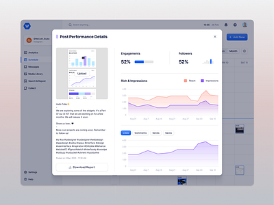 Post Performance Details ad manager chart clean ui dashboard engagement impression line chart marketing minimal post analytics saas social media ui design