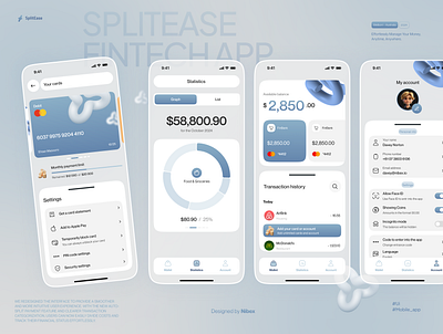 SplitEase - Fintech App💎 application avatar blue blue white card chart debit card design system gradient minimal mobile mobile app ui uiux ux white blue