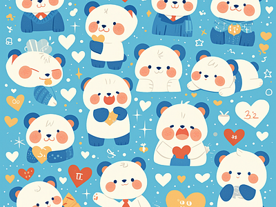 Panda Love - Adorable Bear Pattern adorable animal pattern baby animal art cartoon animal pattern cozy animal illustration cute character design cute panda art fun animal art graphic design heartwarming illustration kawaii illustration love and hearts theme panda characters pastel color palette playful pandas sweet and fun artwork whimsical bear design