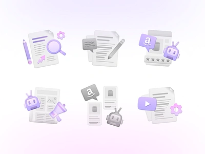 Semi 3D Mini Illustrations 3d ai amazon article bot content generate icons illustrations light marketing pink purple review settings shadows video website