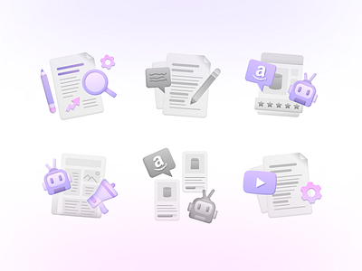 Semi 3D Mini Illustrations 3d ai amazon article bot content generate icons illustrations light marketing pink purple review settings shadows video website