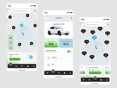 Charge & Park automotive booking car spot cars charge app electric car app find parking map mobile app mobile ui navigation park park app parking app parking space parking spot search charging search parking tesla ui