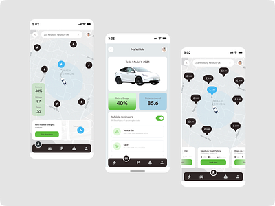 Charge & Park automotive booking car spot cars charge app electric car app find parking map mobile app mobile ui navigation park park app parking app parking space parking spot search charging search parking tesla ui