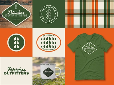 Petrichor Outfitters branding apparel badge branding icon logo merch outdoor outdoor branding outfitters pacific northwest pattern petrichor plaid pnw rain retro camp tree vintage camp