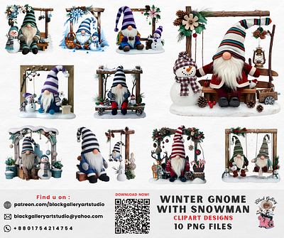 Winter Gnome with Snowman Clipart retro