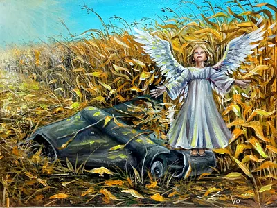 Angel of War: Ukrainian Angel on the Fallen Drone - Acrylic angel art hand painted handmade paint painting ukraine war