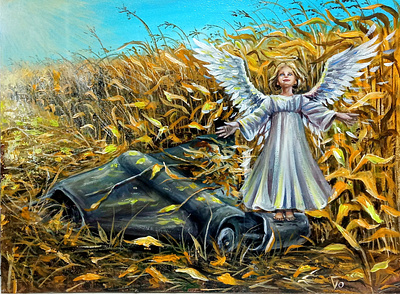 Angel of War: Ukrainian Angel on the Fallen Drone - Acrylic angel art hand painted handmade paint painting ukraine war