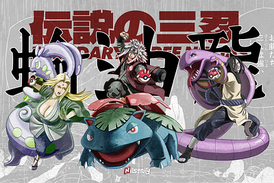 Pokeruto: Legendary Three Ninja arbok artwork comic crossover fanart goodra illustration jiraiya naruto ninja orochimaru pokemon slug snake toad tsunade venusaur