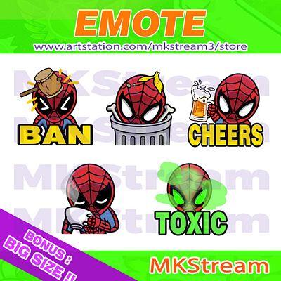 Emotes Chibi Spiderman ban hammer, trash, cheers, sip & toxic animated emotes ban hammer cheers coffee cute design discord emote emotes illustration sip emotes spiderman spiderman emoji spiderman emotes spiderman stickers spidey sub badge toxic trash twitch emotes