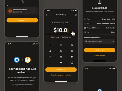 midasmind: AI Investing Roboadvisor App - Deposit/Transfer Fund clean dark mode deposit money deposit ui finance ui kit investing app investing ui kit investment app minimal modern orange robo advisor app roboadvisor app simple soft transaction ui transfer fund transfer ui withdraw fund withdraw ui
