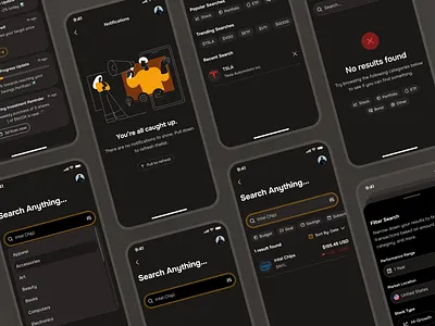 midasmind: AI Investing Roboadvisor App - Search & Notification clean dark mode explore explore ui investing app minimal modern not found notification screen notification ui orange search search details search result ui search results search screen search state search ui simple soft