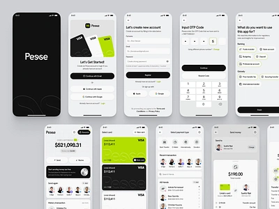 Pesse - Fintech Mobile App UI Kit app bank banker banking card credit dollar finance fintech history loan log in mobile money received save saving sign in transfer ui kit