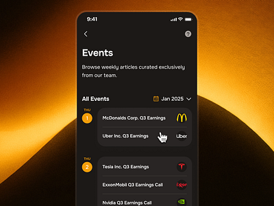 midasmind: AI Investing Roboadvisor App - Corporate Events UIUX calendar ui clean corporate events dark mode event ui events events ui finance app finance ui kit gradient investing app investing ui kit investment app minimal modern orange roboadvisor app simple soft upcoming events