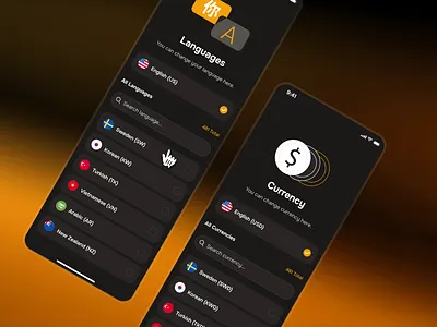 midasmind: AI Investing Roboadvisor App - Language & Currency UI clean currency setting currency settings currency ui finance ui kit gradient investing app investing ui kit investment app language setting language settings language ui minimal modern orange setting setting ui settings settings ui soft