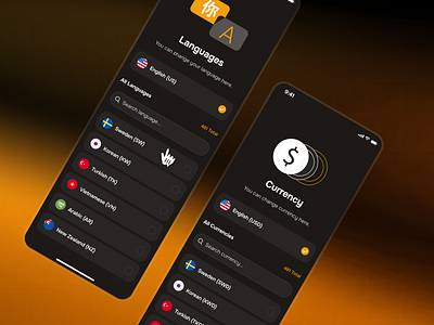 midasmind: AI Investing Roboadvisor App - Language & Currency UI clean currency setting currency settings currency ui finance ui kit gradient investing app investing ui kit investment app language setting language settings language ui minimal modern orange setting setting ui settings settings ui soft