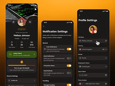 midasmind: AI Investing Roboadvisor App - Profile Settings UIUX account setting clean dark mode gradient investing app investing ui kit investment app minimal notification setting notification ui orange profile setting profile setting ui profile settings roboadvisor app setting setting ui settings simple user setting